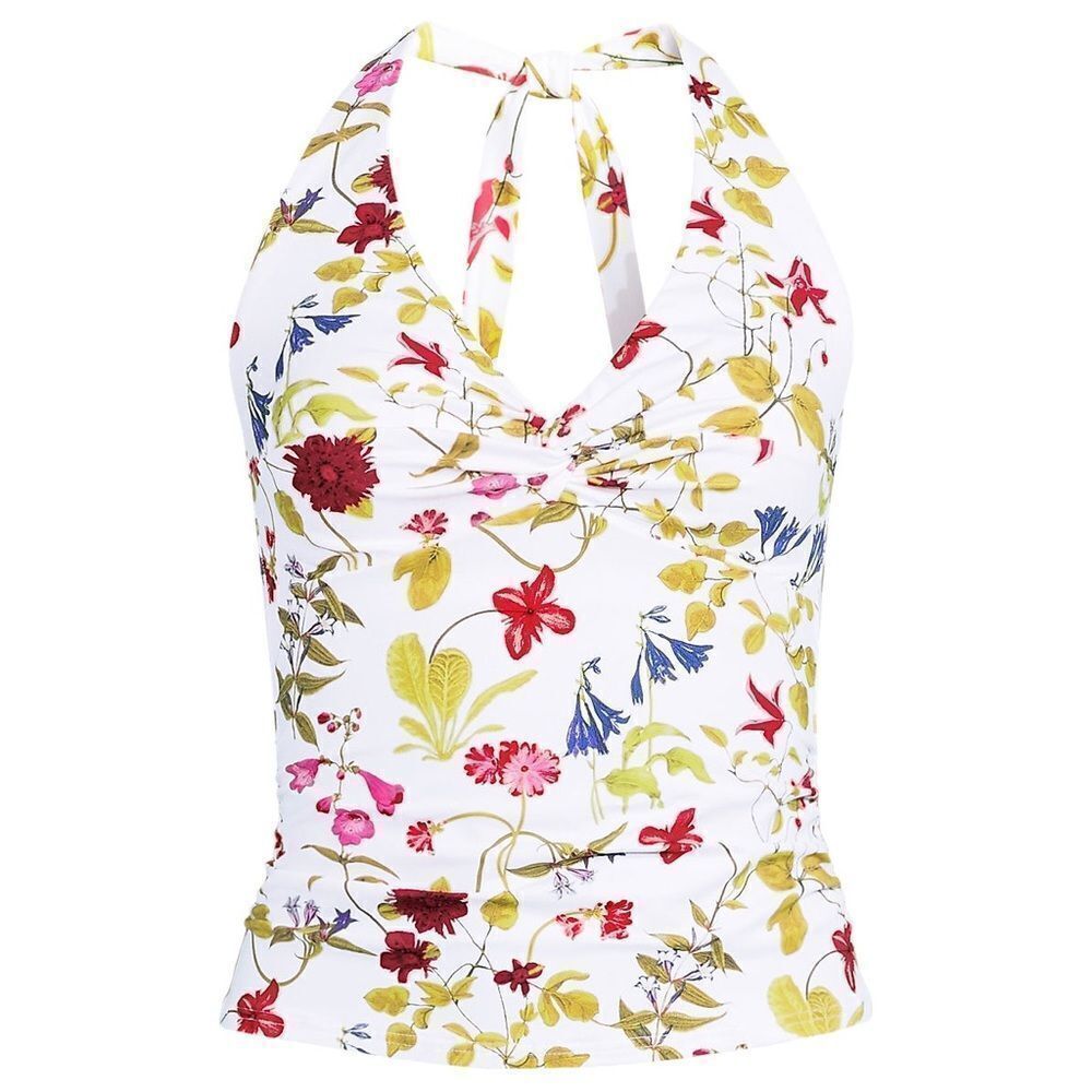 Land's End chlorine resist halter twist tankini swim top white meadow floral var